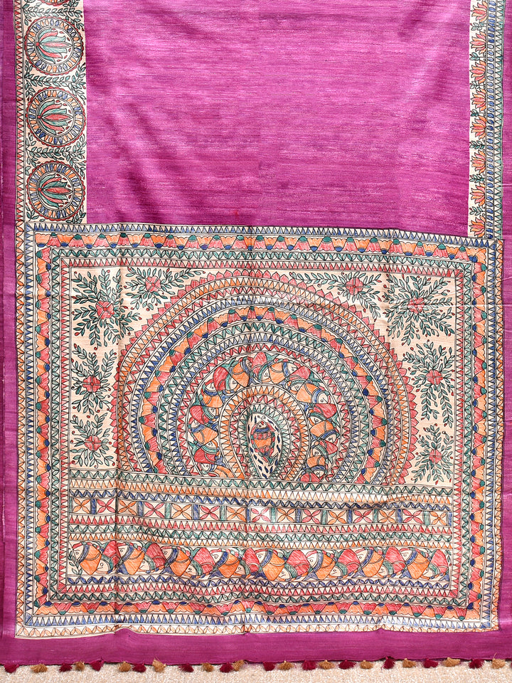 KIMANI : MADHUBANI HAND PAINTED PURE GHICHA TUSSAR SILK SAREE