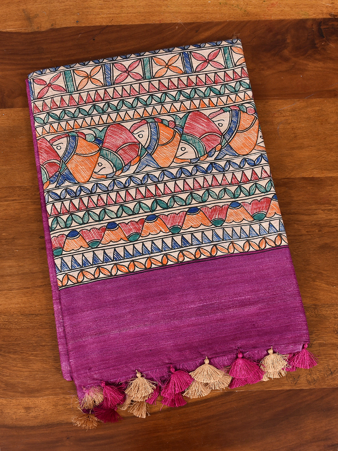 KIMANI : MADHUBANI HAND PAINTED PURE GHICHA TUSSAR SILK SAREE