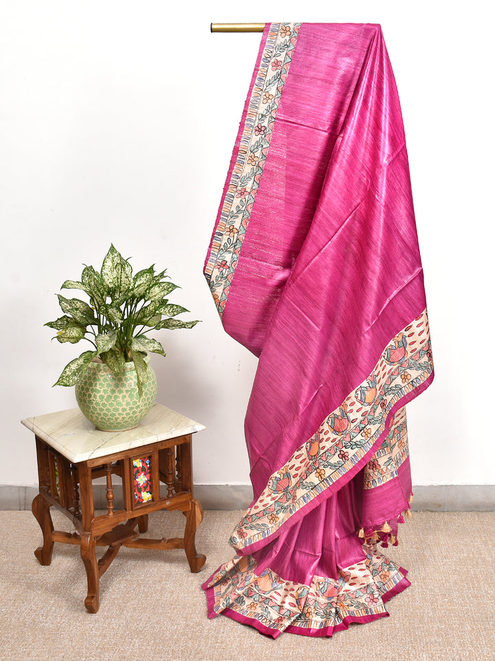 GOMU : MADHUBANI HAND PAINTED PURE GHICHA TUSSAR SILK SAREE