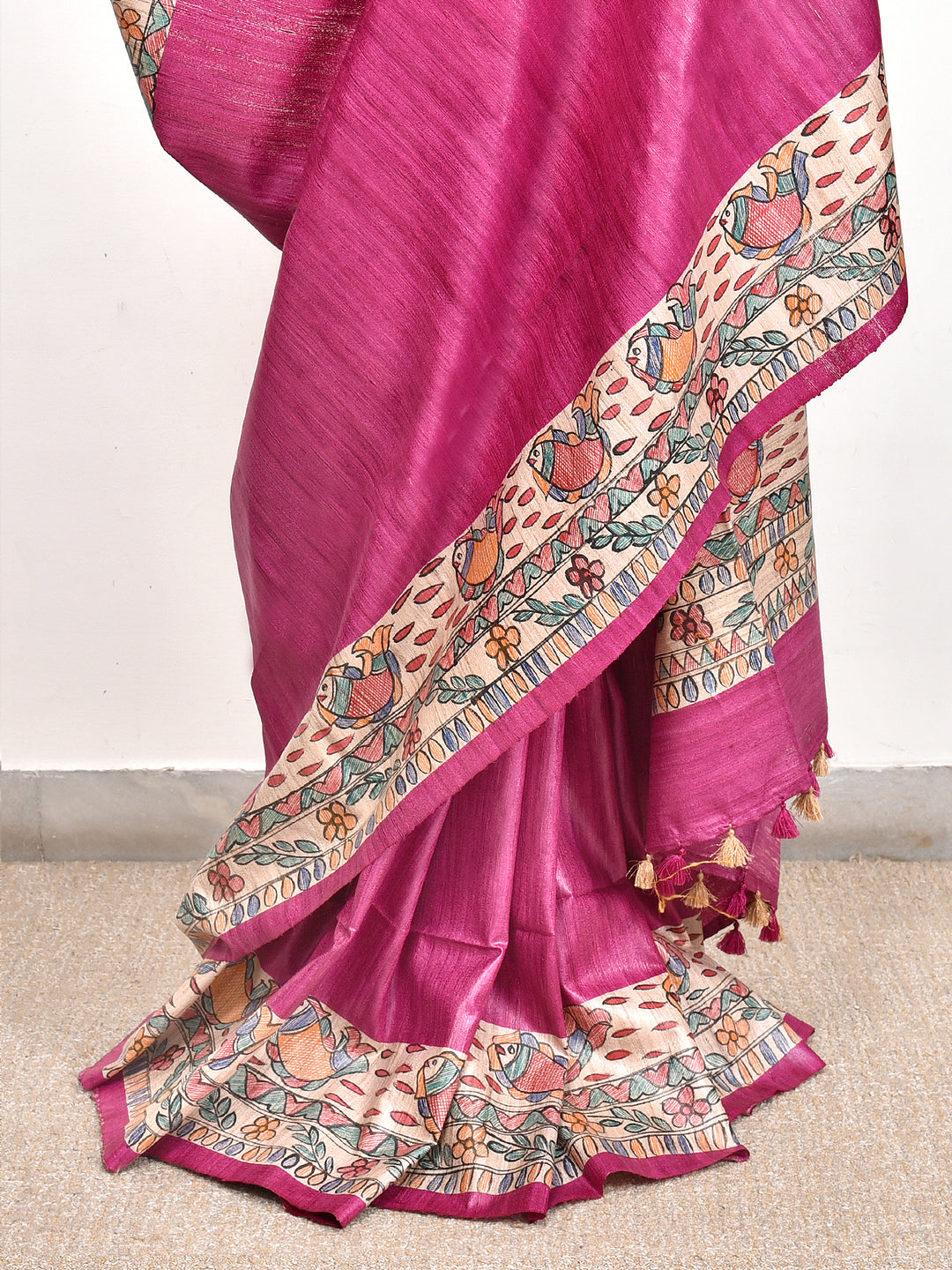 GOMU : MADHUBANI HAND PAINTED PURE GHICHA TUSSAR SILK SAREE