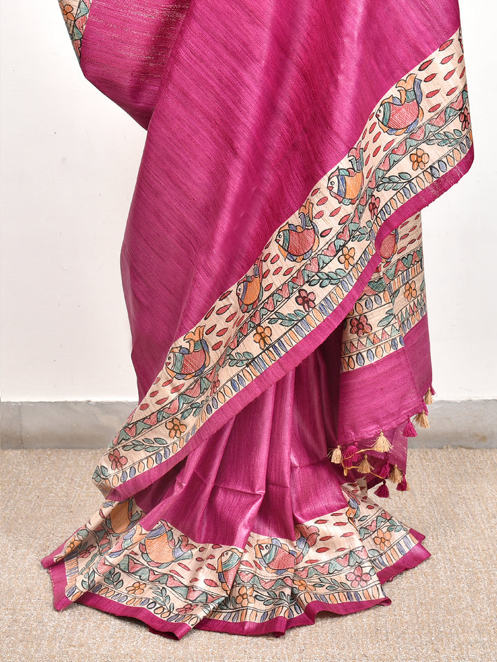 GOMU : MADHUBANI HAND PAINTED PURE GHICHA TUSSAR SILK SAREE