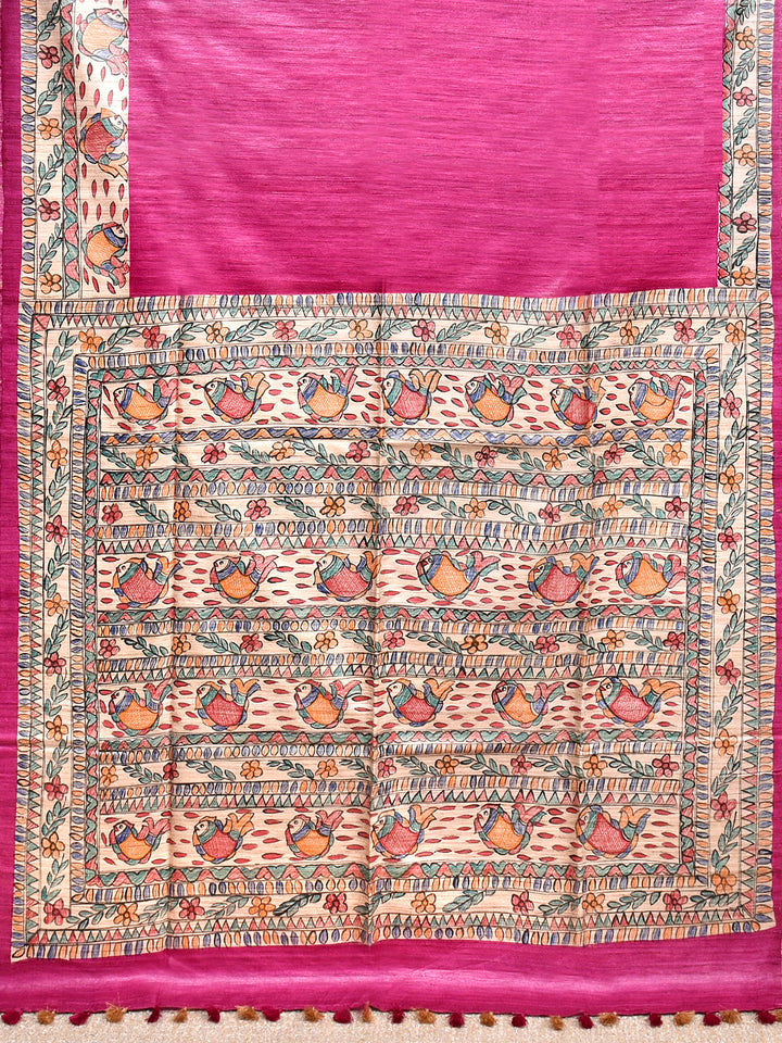GOMU : MADHUBANI HAND PAINTED PURE GHICHA TUSSAR SILK SAREE