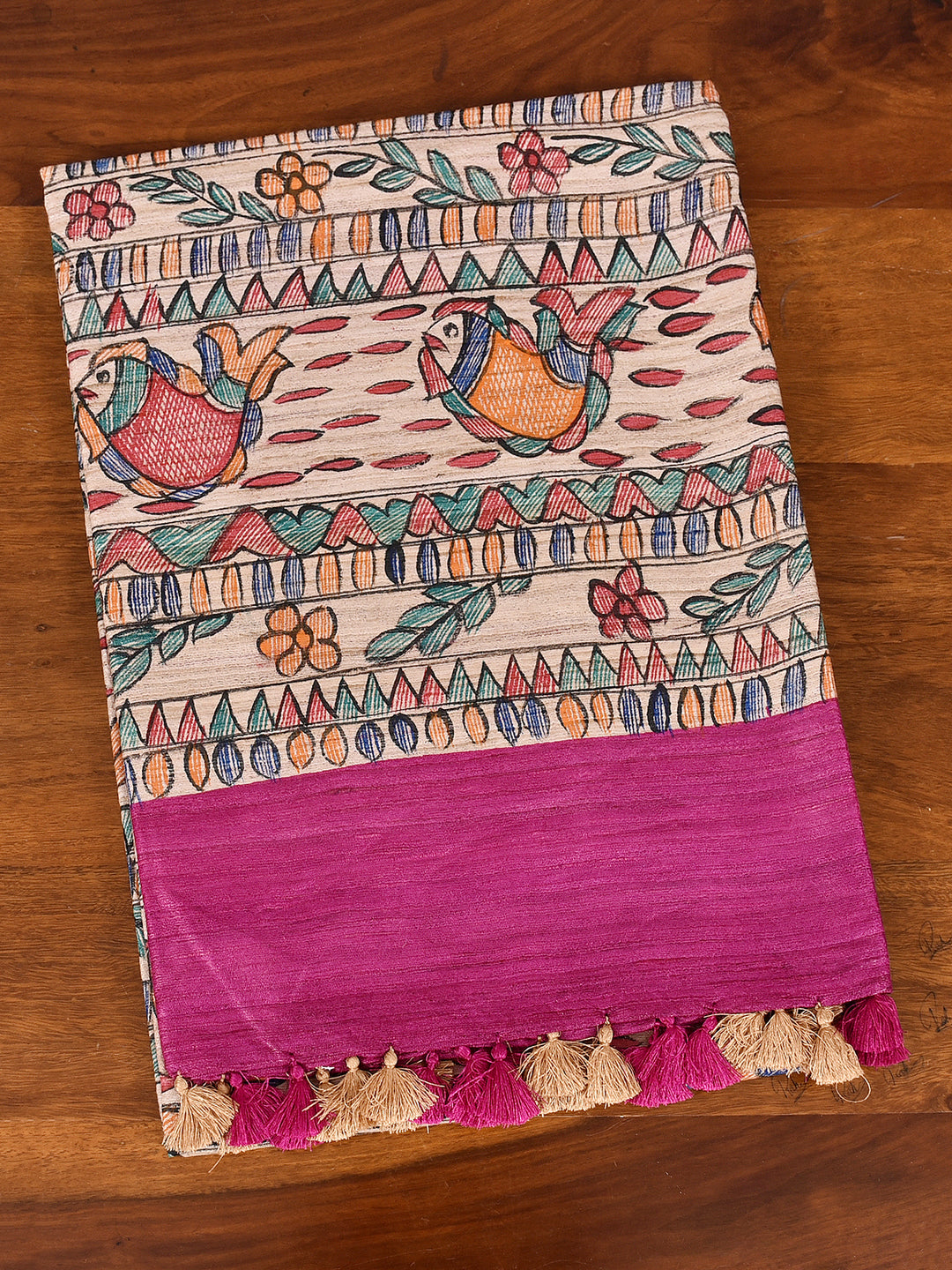 GOMU : MADHUBANI HAND PAINTED PURE GHICHA TUSSAR SILK SAREE