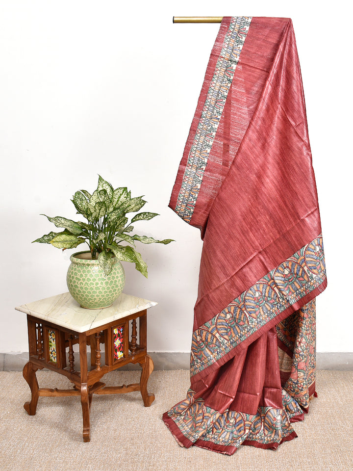 BINITA : MADHUBANI HAND PAINTED PURE GHICHA TUSSAR SILK SAREE