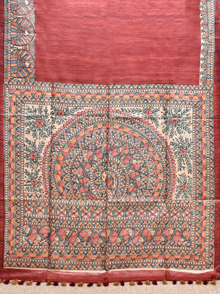 BINITA : MADHUBANI HAND PAINTED PURE GHICHA TUSSAR SILK SAREE