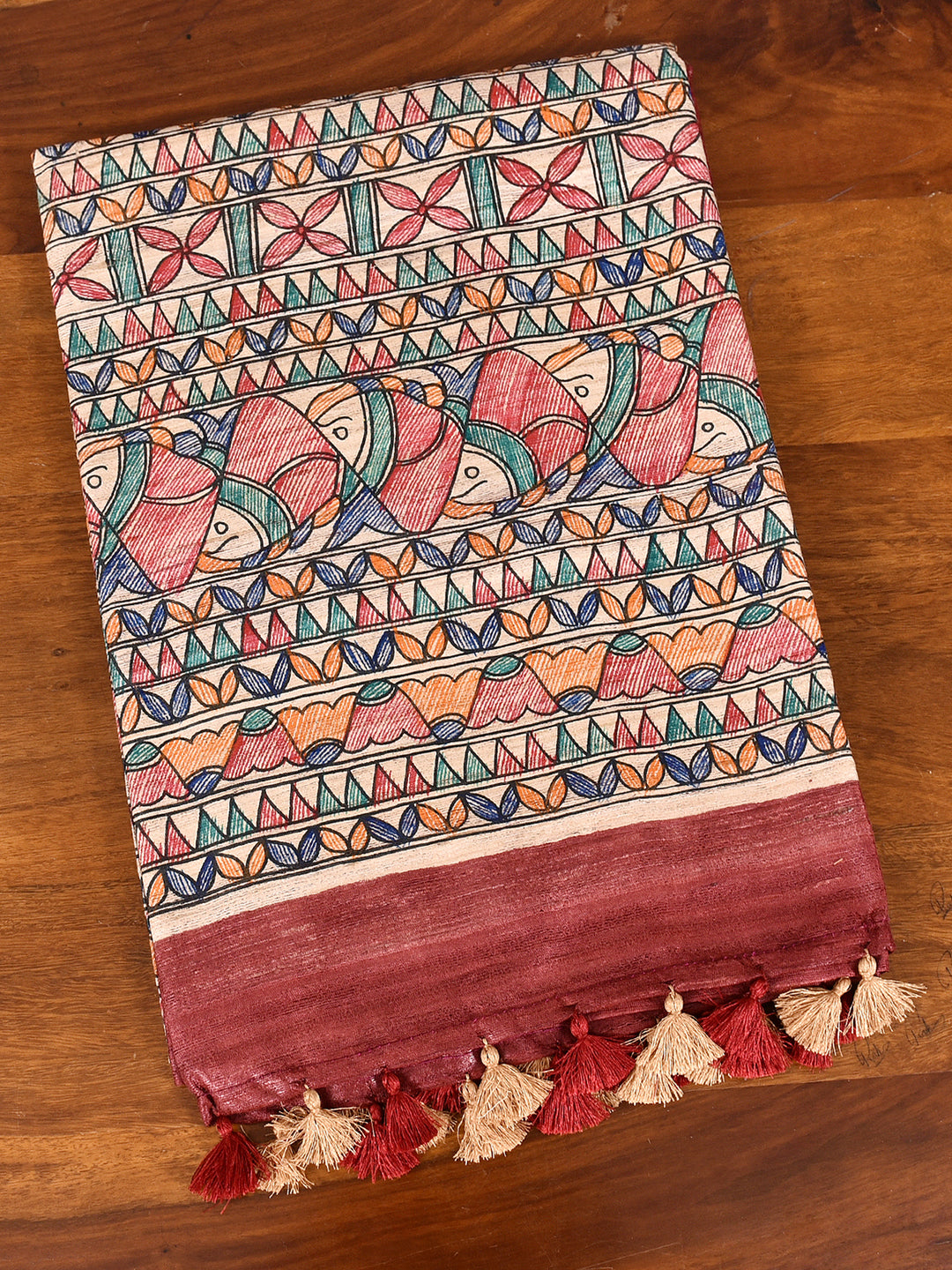 BINITA : MADHUBANI HAND PAINTED PURE GHICHA TUSSAR SILK SAREE