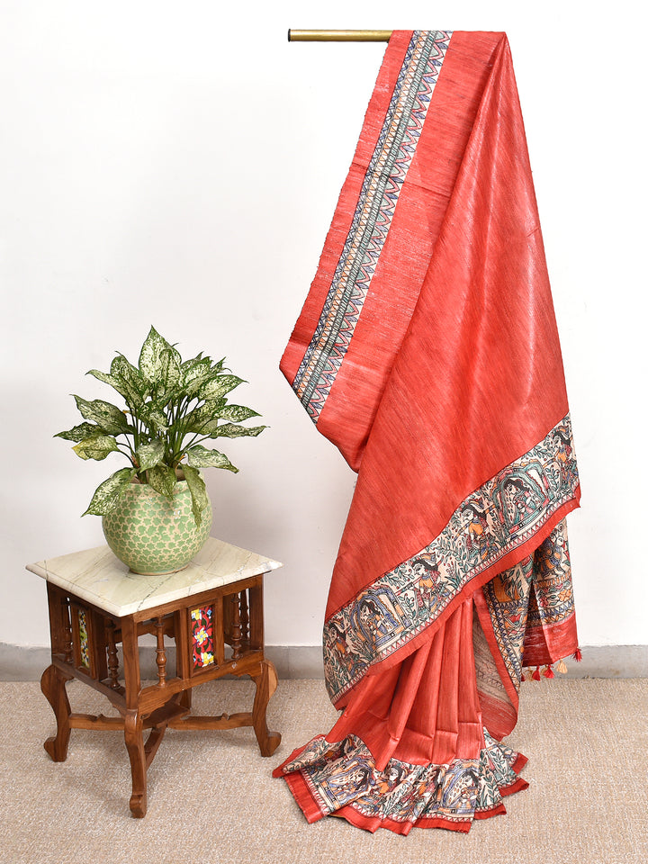 ISHITA : MADHUBANI HAND PAINTED PURE GHICHA TUSSAR SILK SAREE