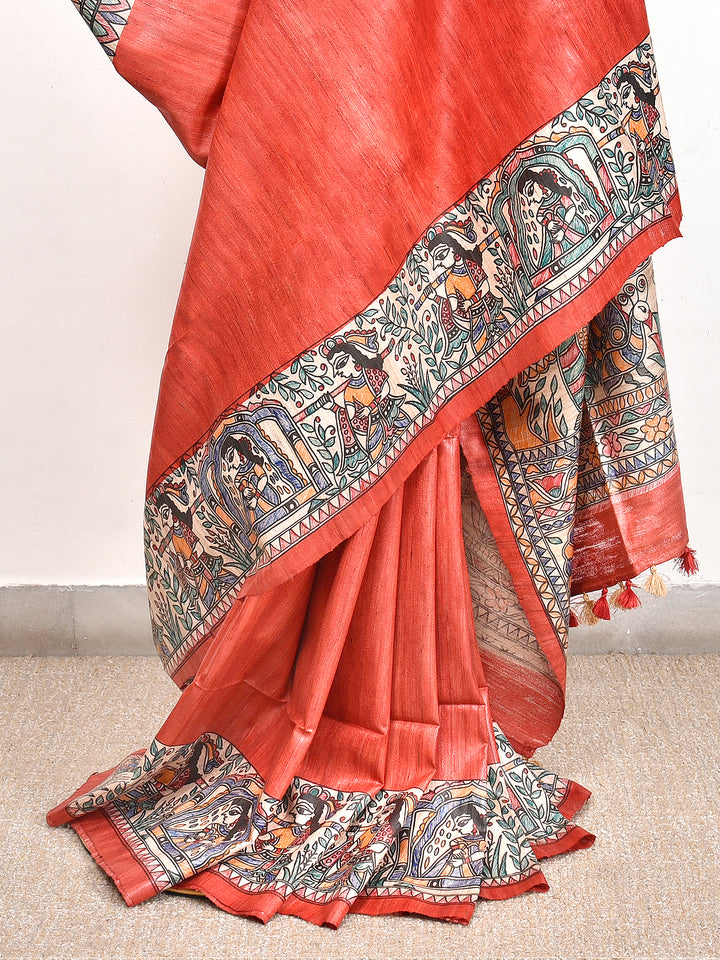 ISHITA : MADHUBANI HAND PAINTED PURE GHICHA TUSSAR SILK SAREE
