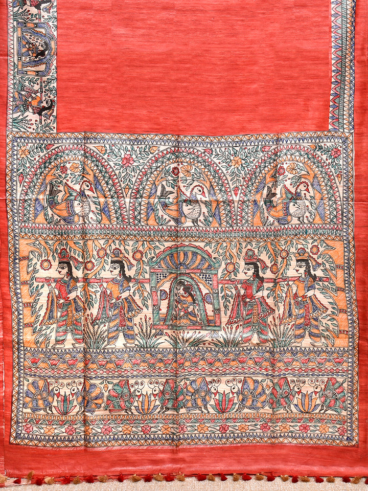 ISHITA : MADHUBANI HAND PAINTED PURE GHICHA TUSSAR SILK SAREE