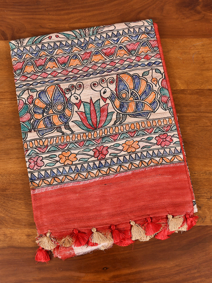 ISHITA : MADHUBANI HAND PAINTED PURE GHICHA TUSSAR SILK SAREE