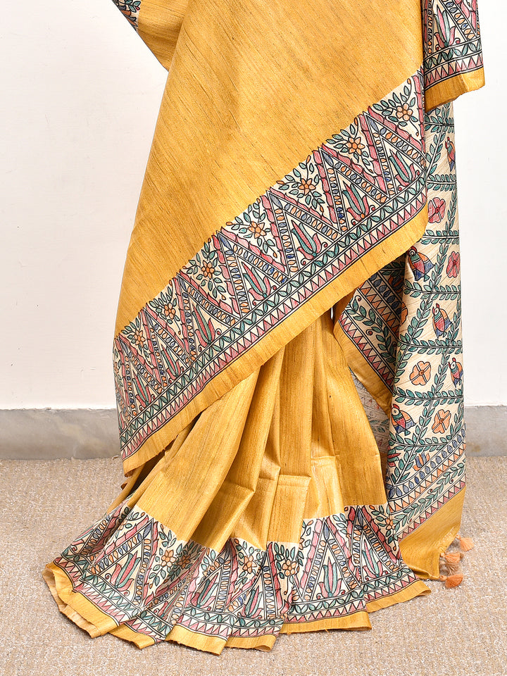 MAYURI : MADHUBANI HAND PAINTED PURE GHICHA TUSSAR SILK SAREE