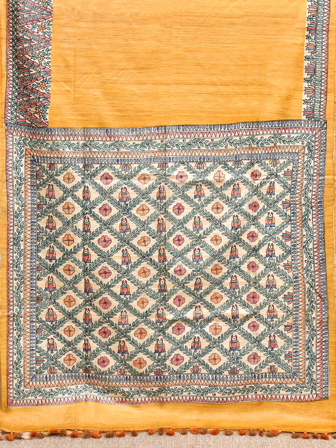 MAYURI : MADHUBANI HAND PAINTED PURE GHICHA TUSSAR SILK SAREE