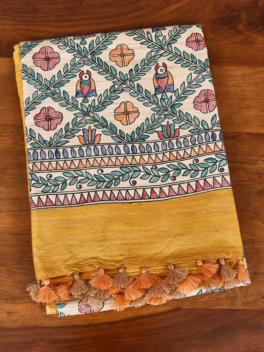 MAYURI : MADHUBANI HAND PAINTED PURE GHICHA TUSSAR SILK SAREE