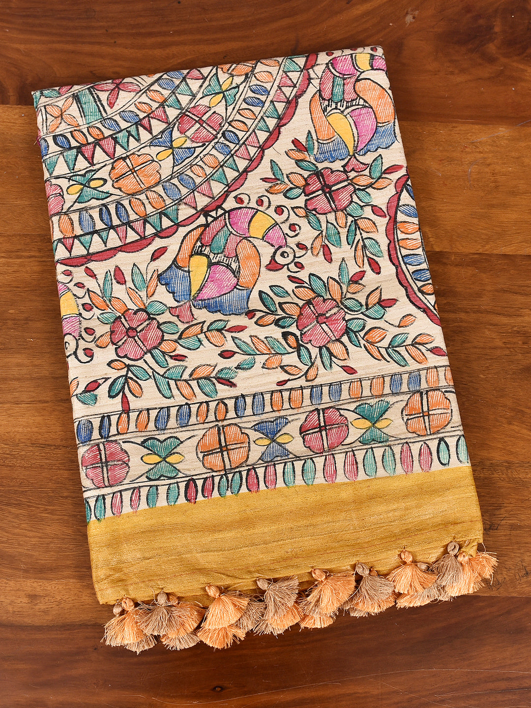 SUPRIYA : MADHUBANI HAND PAINTED PURE GHICHA TUSSAR SILK SAREE