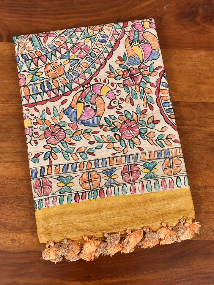 SUPRIYA : MADHUBANI HAND PAINTED PURE GHICHA TUSSAR SILK SAREE