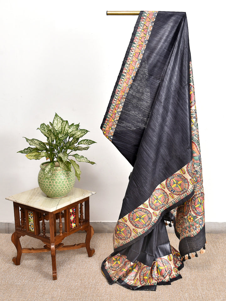 BHAGYA : MADHUBANI HAND PAINTED PURE GHICHA TUSSAR SILK SAREE