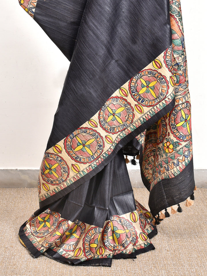 BHAGYA : MADHUBANI HAND PAINTED PURE GHICHA TUSSAR SILK SAREE