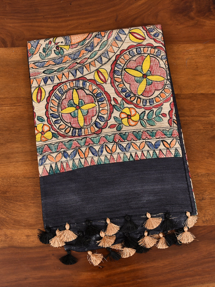 BHAGYA : MADHUBANI HAND PAINTED PURE GHICHA TUSSAR SILK SAREE