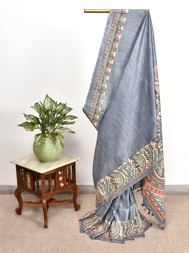 SHYAMA : MADHUBANI HAND PAINTED PURE GHICHA TUSSAR SILK SAREE