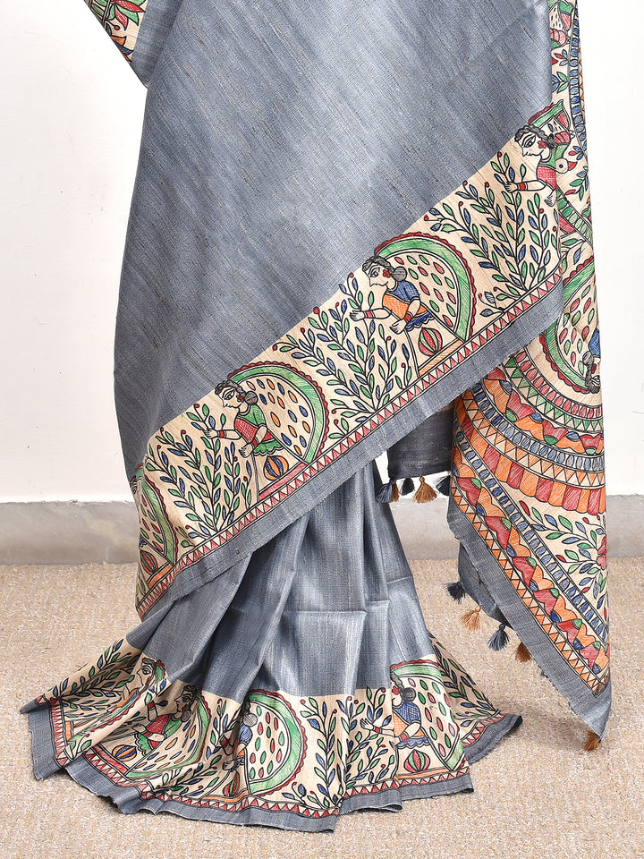 SHYAMA : MADHUBANI HAND PAINTED PURE GHICHA TUSSAR SILK SAREE