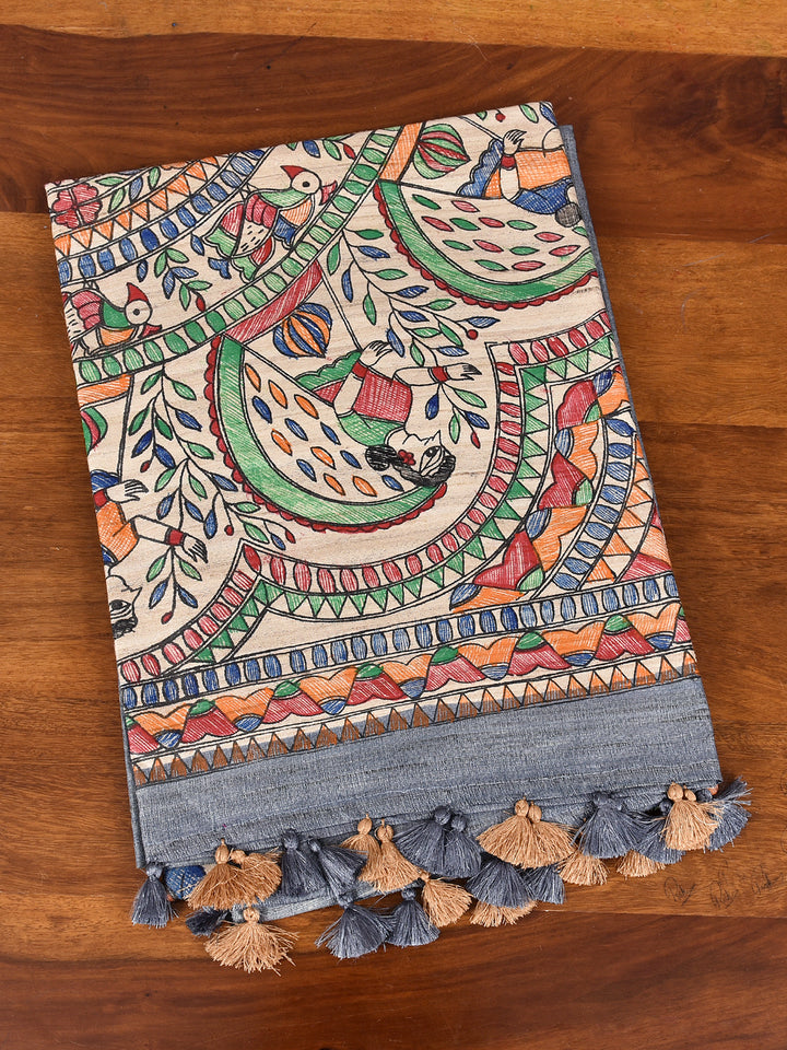 SHYAMA : MADHUBANI HAND PAINTED PURE GHICHA TUSSAR SILK SAREE