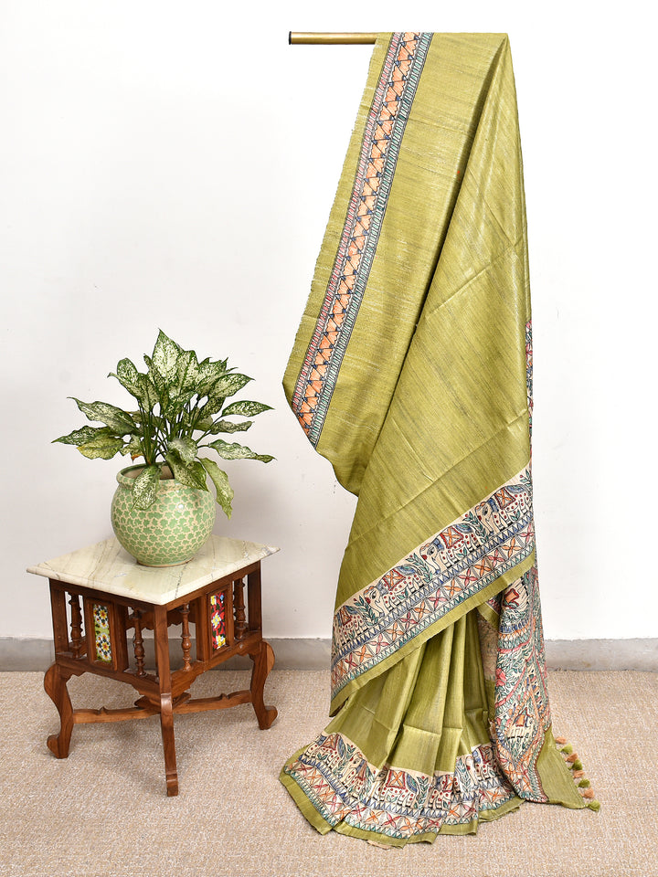 BHAMA : MADHUBANI HAND PAINTED PURE GHICHA TUSSAR SILK SAREE