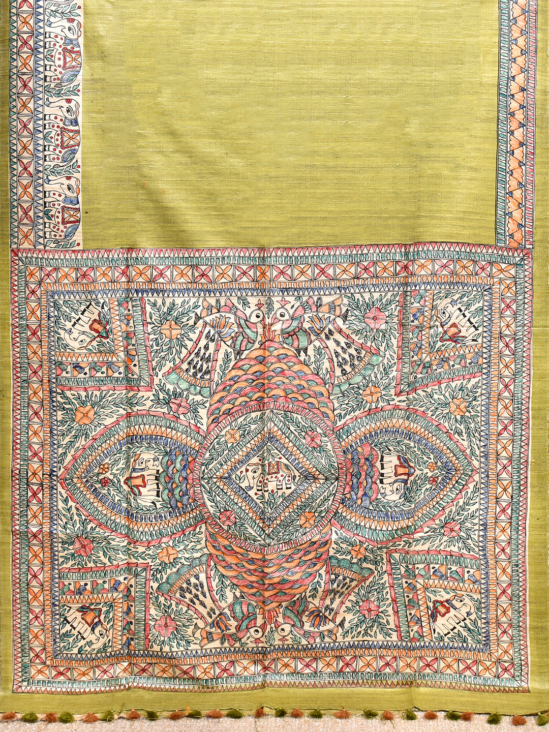 BHAMA : MADHUBANI HAND PAINTED PURE GHICHA TUSSAR SILK SAREE