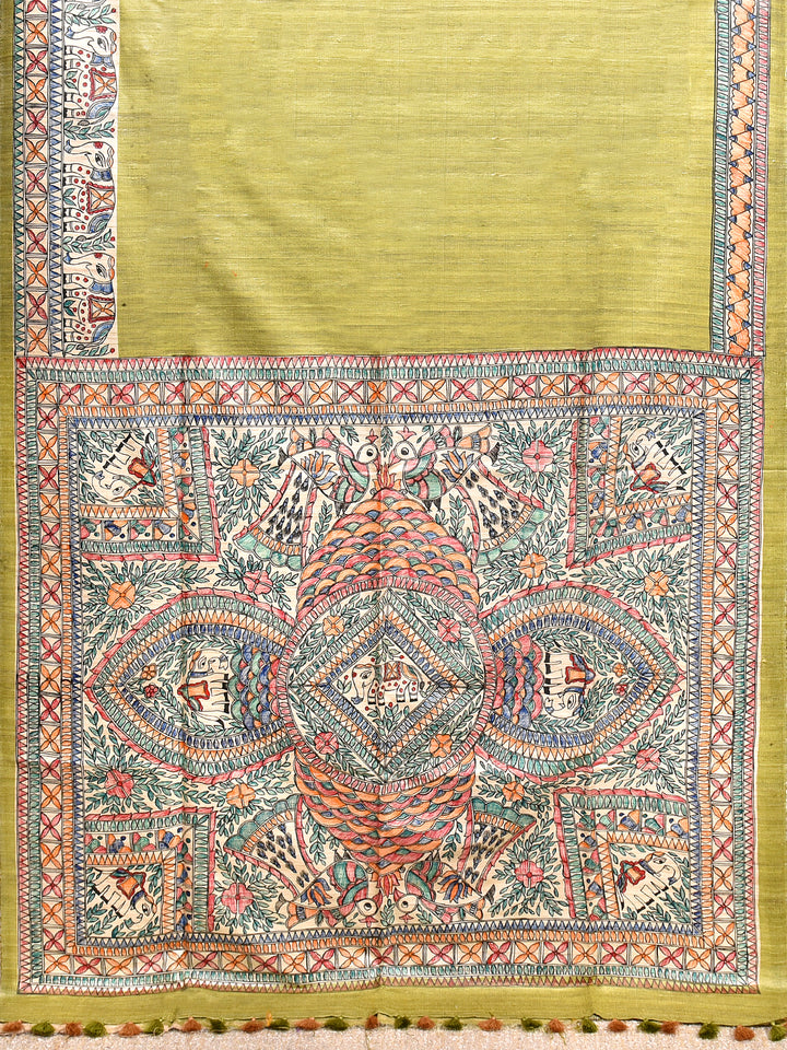 BHAMA : MADHUBANI HAND PAINTED PURE GHICHA TUSSAR SILK SAREE