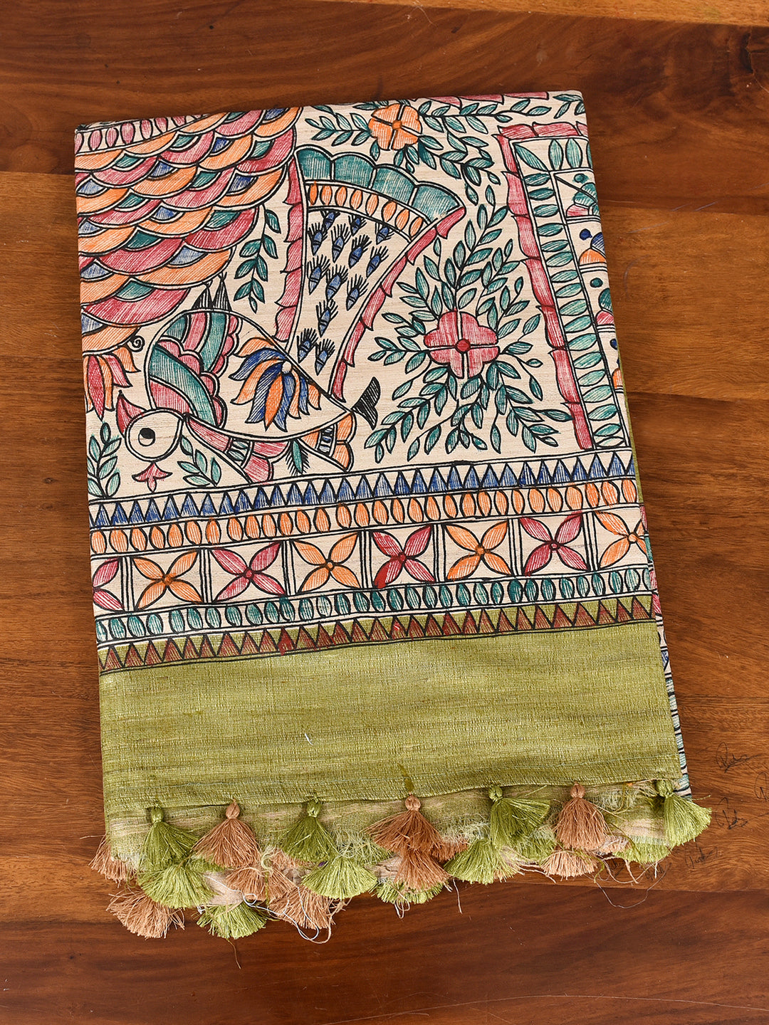 BHAMA : MADHUBANI HAND PAINTED PURE GHICHA TUSSAR SILK SAREE