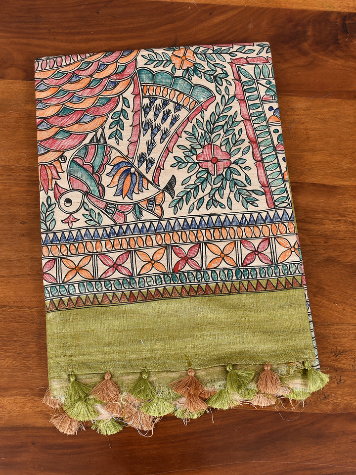 BHAMA : MADHUBANI HAND PAINTED PURE GHICHA TUSSAR SILK SAREE