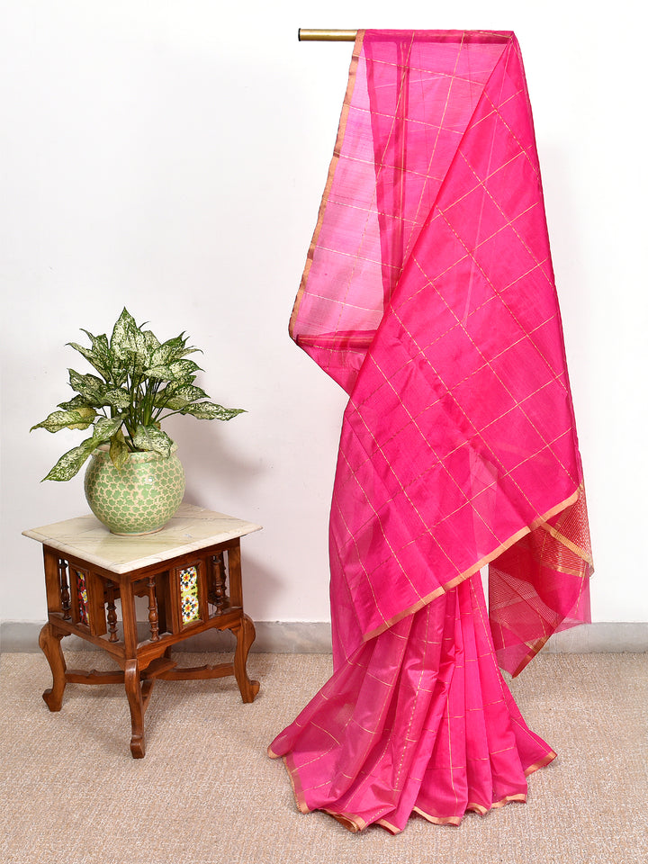 DEHAL : HANDWOVEN PATTU ZARI CHECKS CHANDERI SILK SAREE