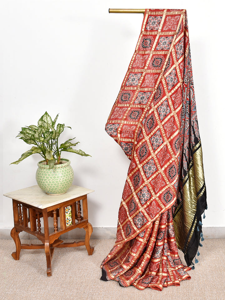 KRISHNAN: AJRAKH GHARCHOLA SEMI GAJJI SILK SAREE