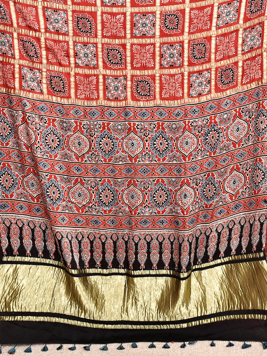 KRISHNAN: AJRAKH GHARCHOLA SEMI GAJJI SILK SAREE