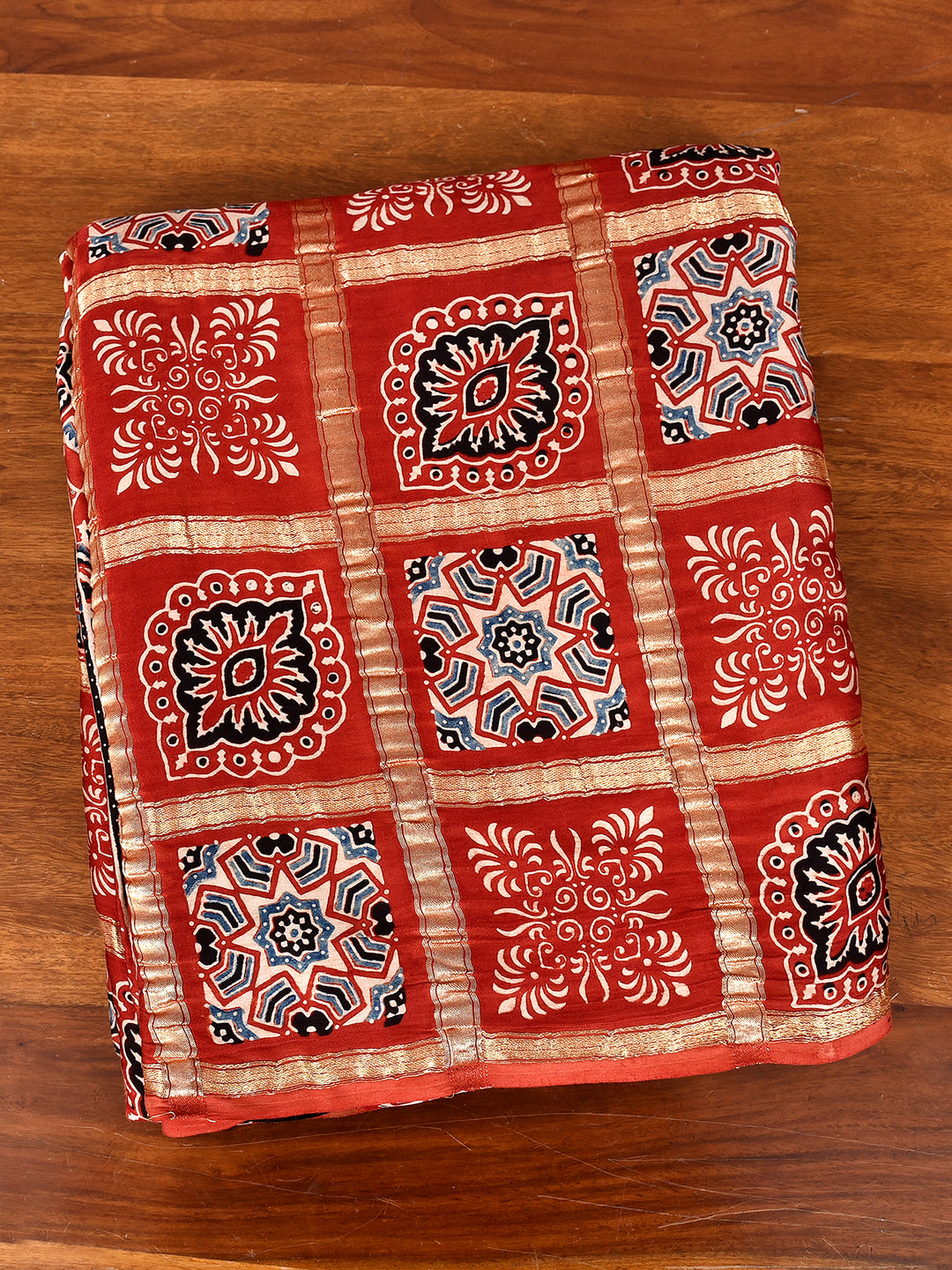 KRISHNAN: AJRAKH GHARCHOLA SEMI GAJJI SILK SAREE