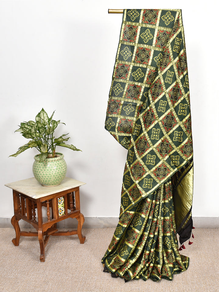 BHAGIRATHI  : AJRAKH GHARCHOLA SEMI GAJJI SILK SAREE