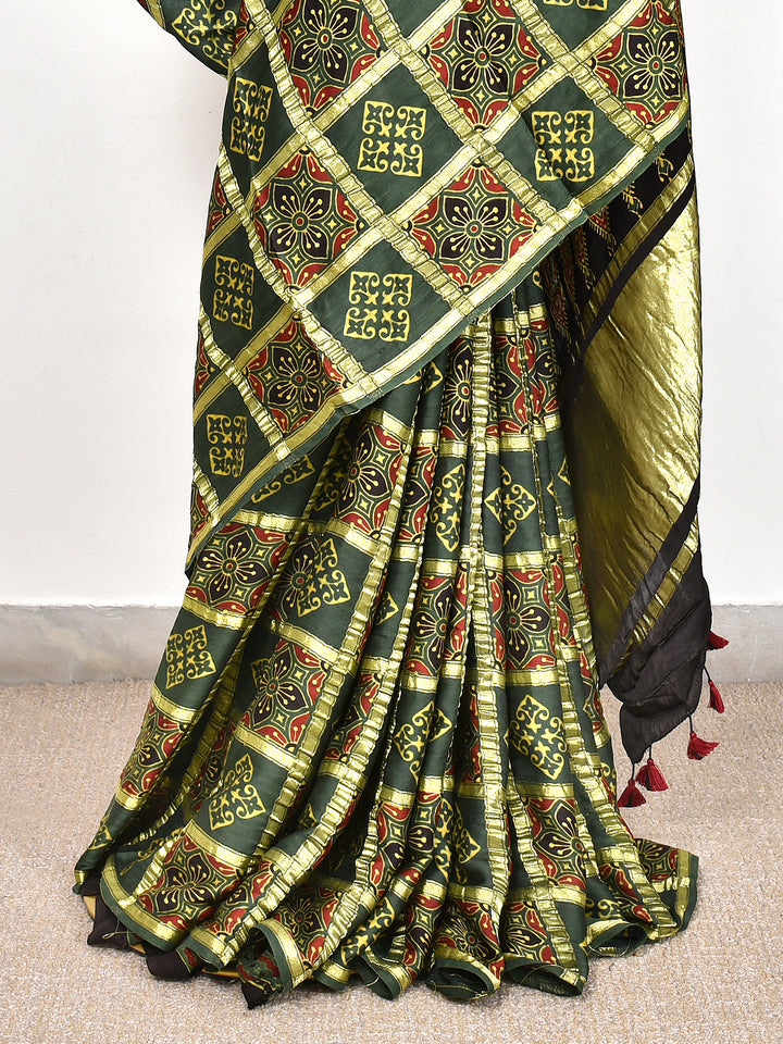 BHAGIRATHI  : AJRAKH GHARCHOLA SEMI GAJJI SILK SAREE