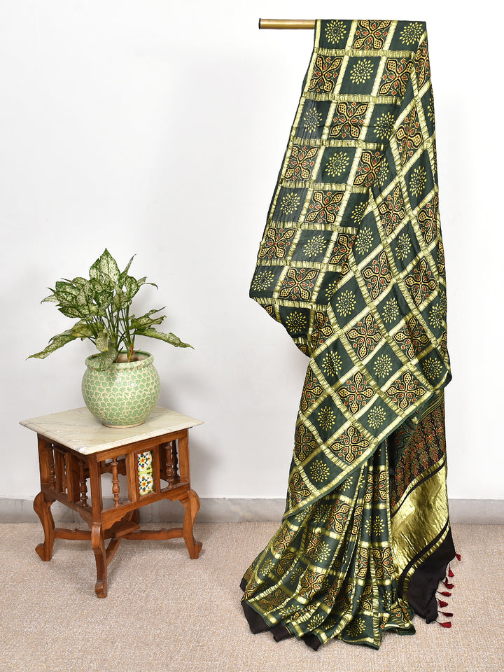 RUCHIR : AJRAKH GHARCHOLA SEMI GAJJI SILK SAREE