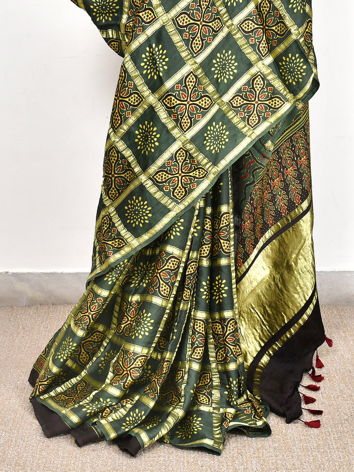 RUCHIR : AJRAKH GHARCHOLA SEMI GAJJI SILK SAREE