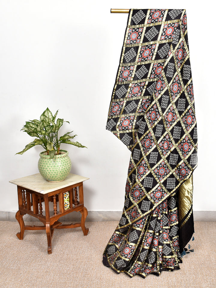 MAHEYA : AJRAKH GHARCHOLA SEMI GAJJI SILK SAREE