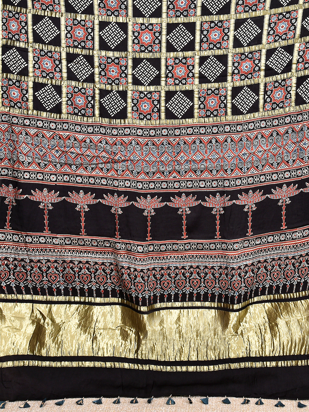 MAHEYA : AJRAKH GHARCHOLA SEMI GAJJI SILK SAREE