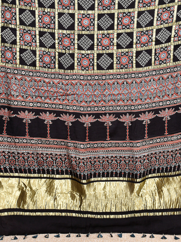 MAHEYA : AJRAKH GHARCHOLA SEMI GAJJI SILK SAREE