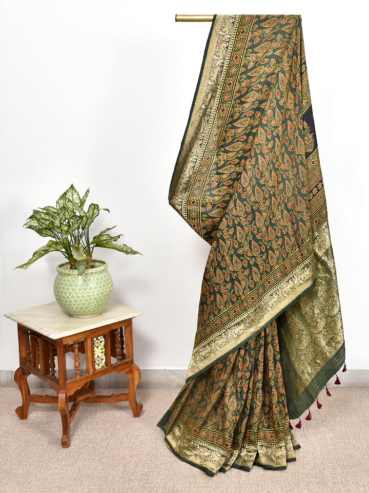 UTTARA  : AJRAKH DOLA SILK SAREE WITH NAKSHI ZARI PALLU