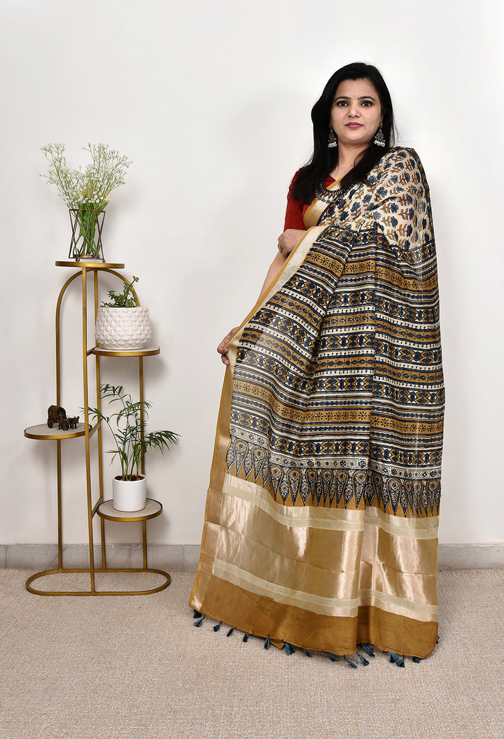 MEGHA : AJRAKH HANDBLOCK MAHESHWARI  SILK SAREE WITH TISSUE PALLU