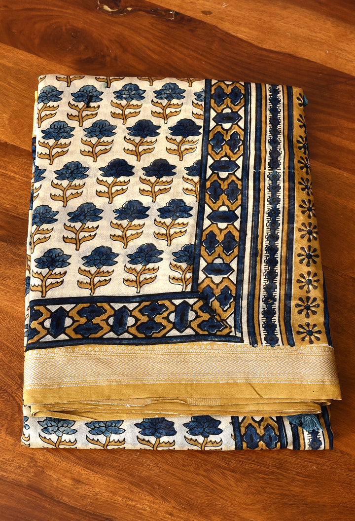 MEGHA : AJRAKH HANDBLOCK MAHESHWARI  SILK SAREE WITH TISSUE PALLU