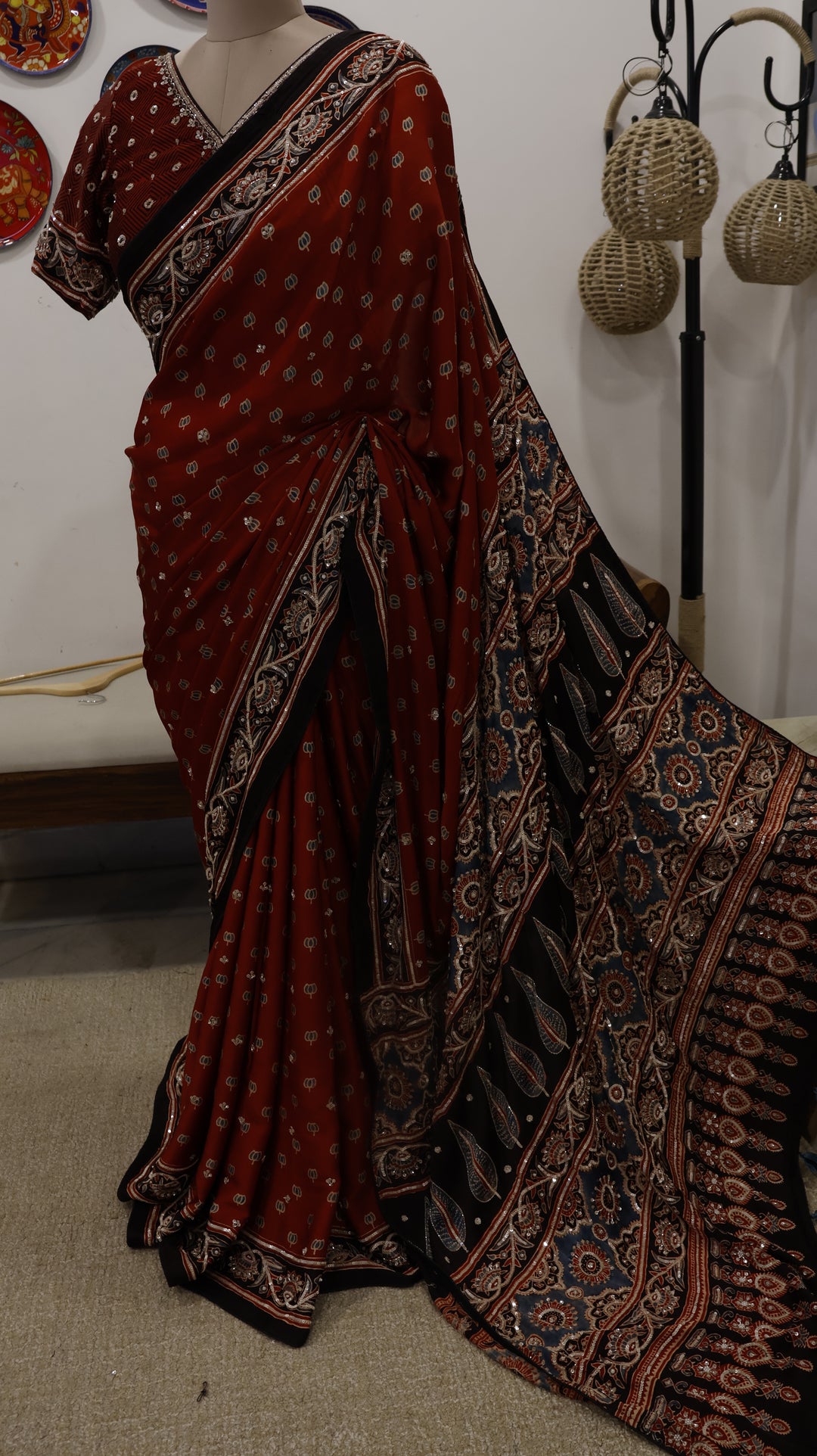 RIDDHIKA : AJRAKH HANDBLOCK MODAL SILK SAREE WITH HEAVY HAND EMBROIDERY