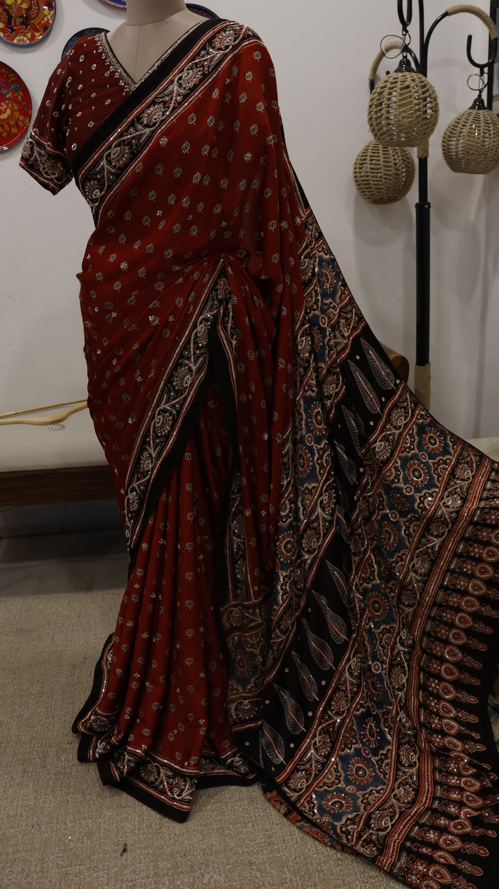 RIDDHIKA : AJRAKH HANDBLOCK MODAL SILK SAREE WITH HEAVY HAND EMBROIDERY