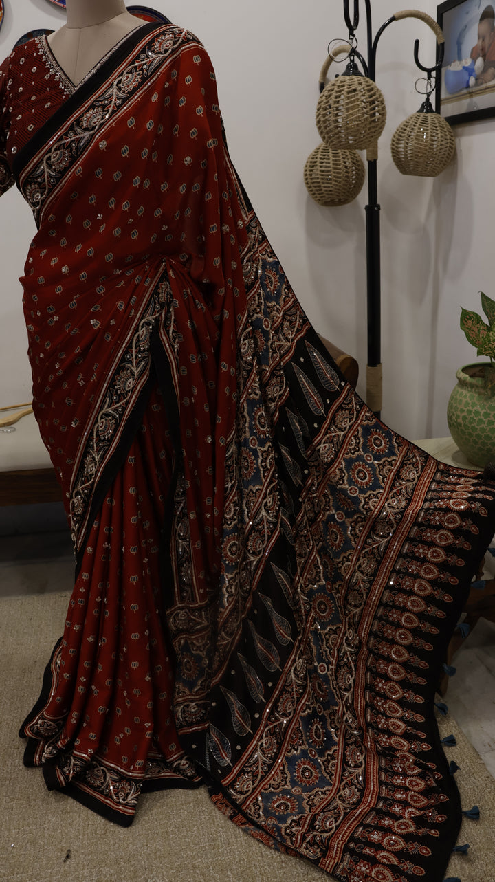 RIDDHIKA : AJRAKH HANDBLOCK MODAL SILK SAREE WITH HEAVY HAND EMBROIDERY